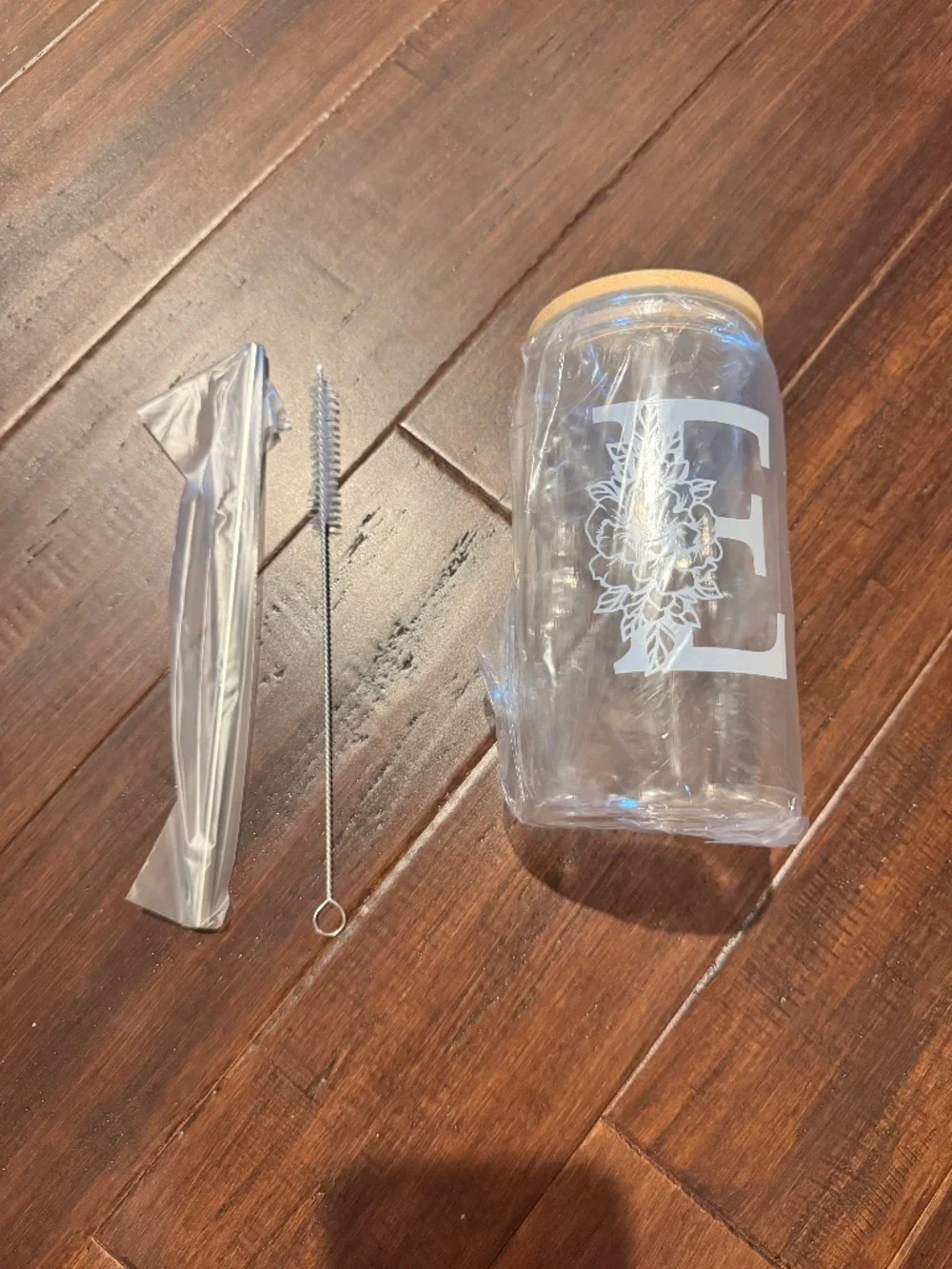 Monogrammed “E” Glass Cup with Straw